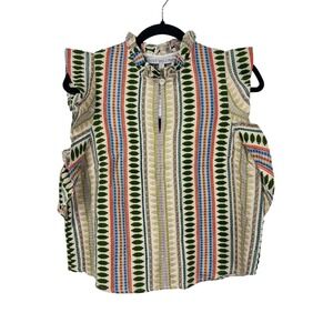 Just Bellina Women's Sleeveless Ruffle Aztec Woven Multicolor Striped Top Size L